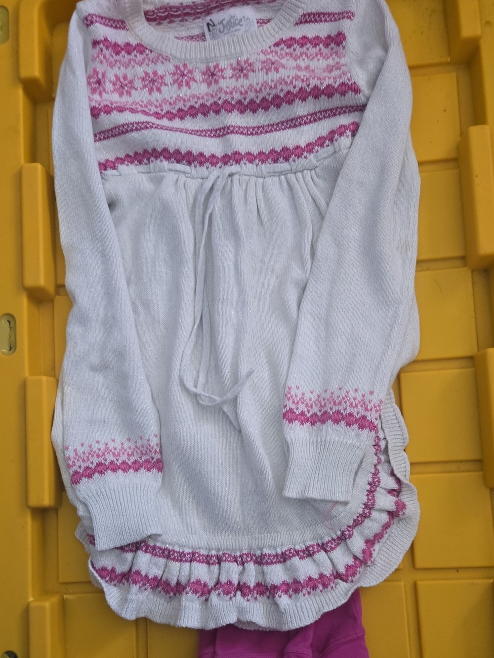 Justice Girls White Knit Sweater Dress with Pink Fair Isle design and leggings.